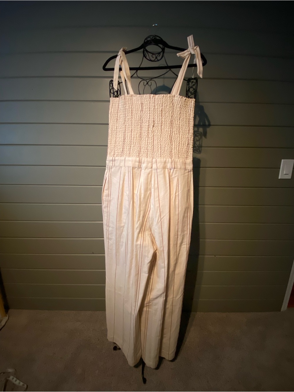 Shabby Chic Cream Smocked Jumpsuit with Tie Straps